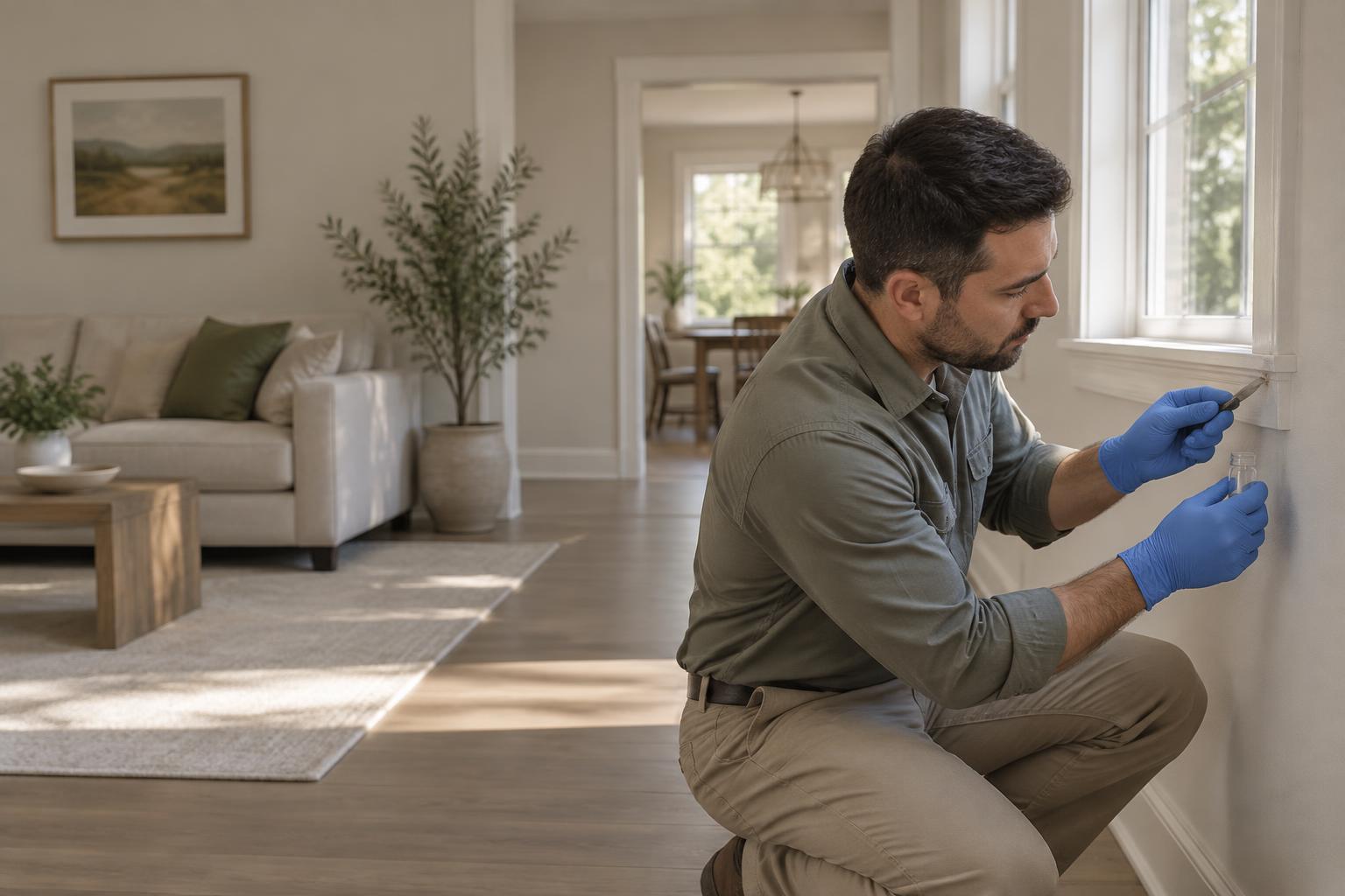 Environmental technician collecting a building-material sample from an interior wall