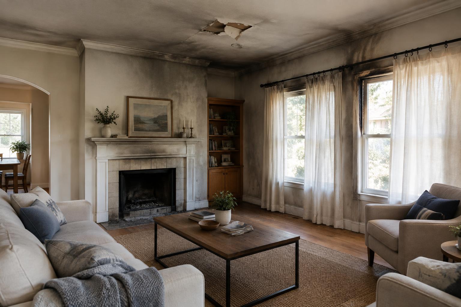 Living room interior of a single-family home with soot staining and smoke damage on the walls and ceiling