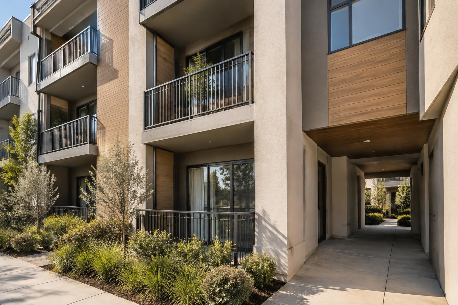 Cropped view of an apartment building exterior with balconies in Southern California