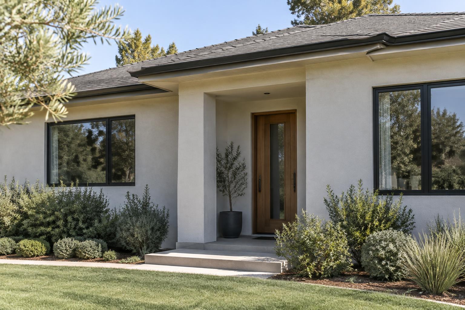 Partial view of a single-family home facade and entry in Southern California