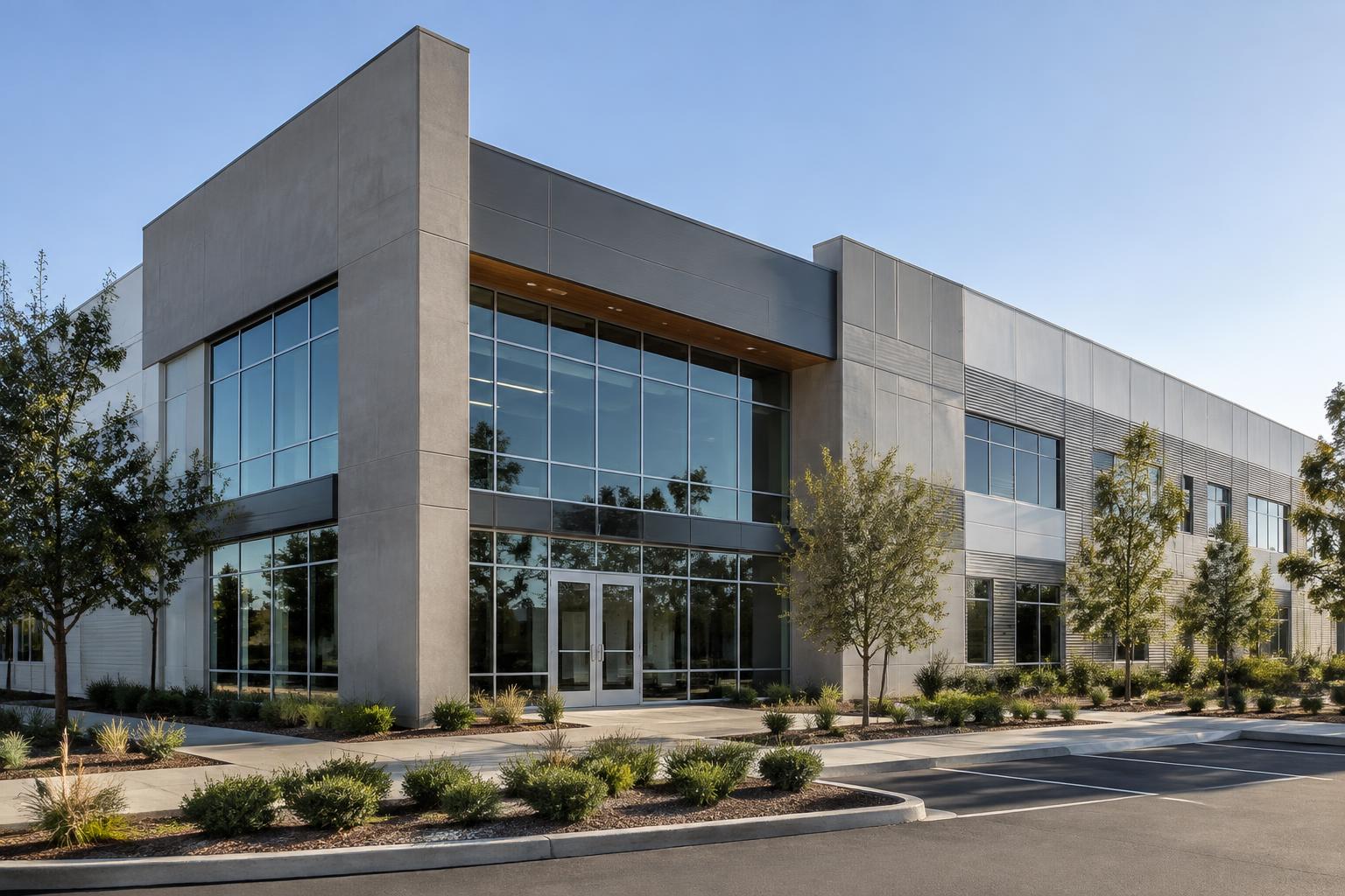 Front view of a modern commercial facility facade in Southern California